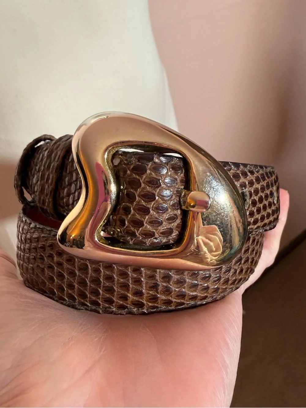 Vintage 90’s Ilana Goor Israel designer Modernist brown Lizard leather Belt Sm